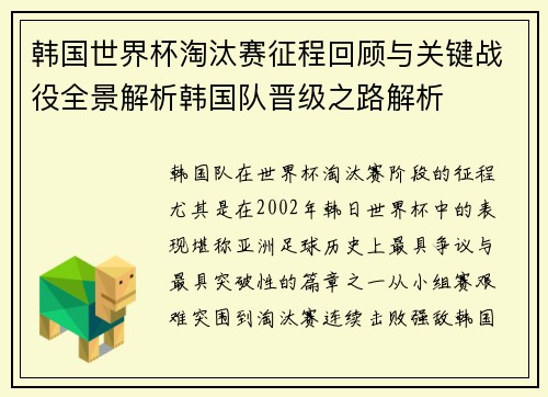 韩国世界杯淘汰赛征程回顾与关键战役全景解析韩国队晋级之路解析
